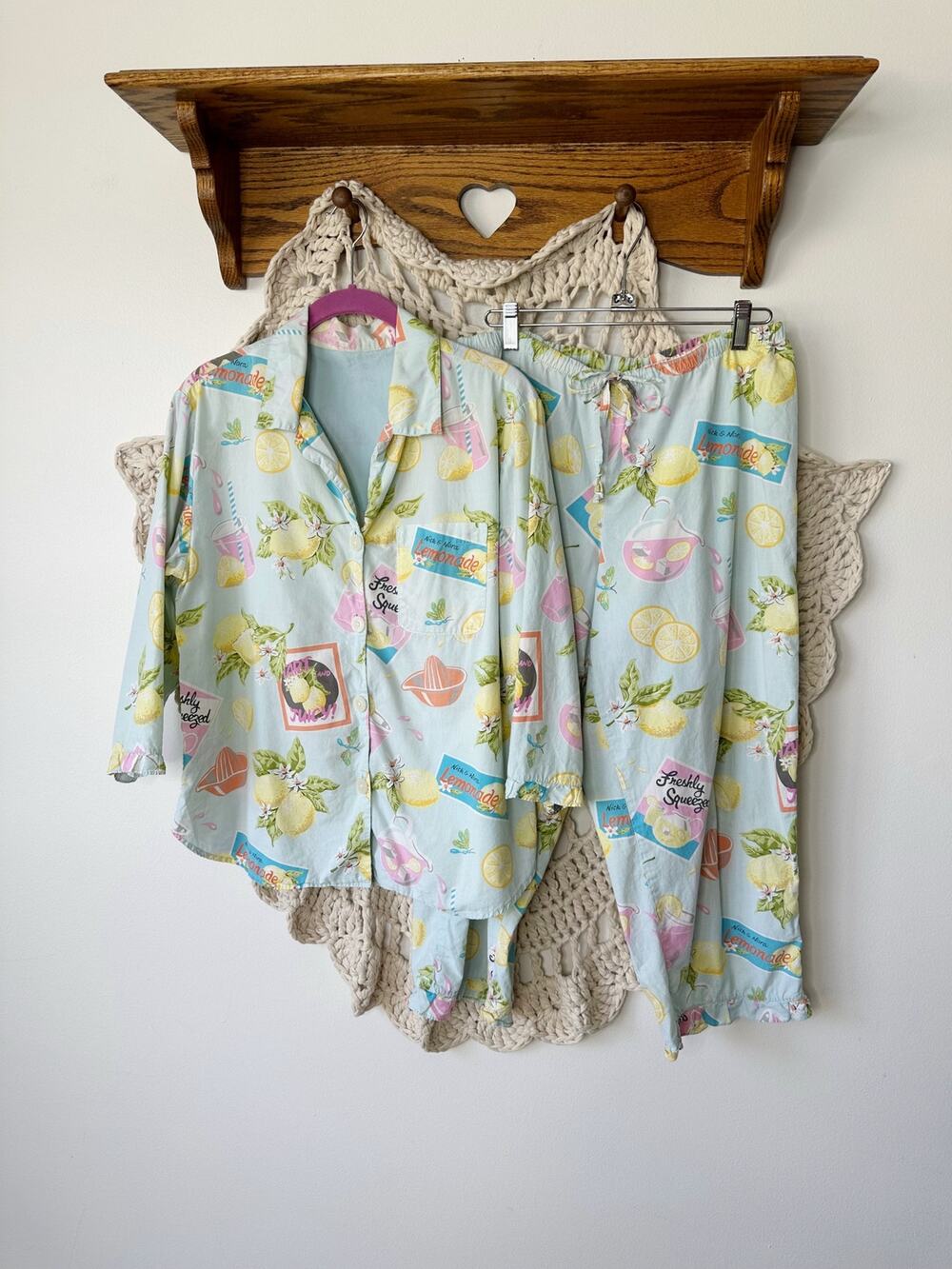 Nick And Nora Y2K Lemon Print Cotton Pajama Set Size Small